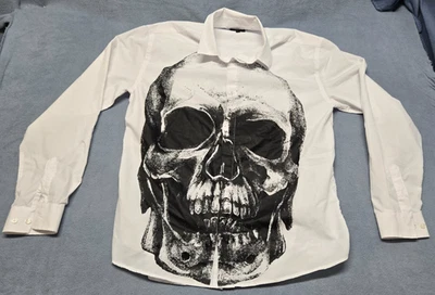 Camisa Boohoo Hombre Para Hombre Mediana Blanca Negra Calavera Grande Abotonada Manga Larga Foto 1 de 4