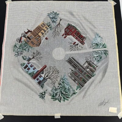 Leigh Designs Needlepoint Canvas 24" Tree Skirt Christmas Winter Village Scene - Image 1 of 4