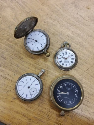 LOT OF 4 ANTIQUE POCKET WATCHES WALTHAM ELGIN UNION ROSKOPF FOR PARTS & REPAIR  - Image 1 of 4
