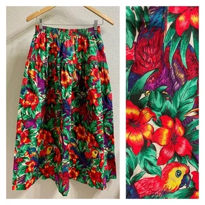 Vintage 80er/90er Jahre bunt tropischer Vogel Blumendruck AOP A-Linie Stufenrock XS/S - Bild 1 von 10
