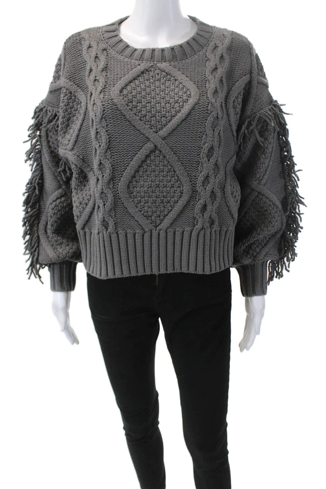 Suéter Pullover Line And Dot Mujer Cuello Redondo Mangas Largas Flecos Gris Talla XS Foto 1 de 4