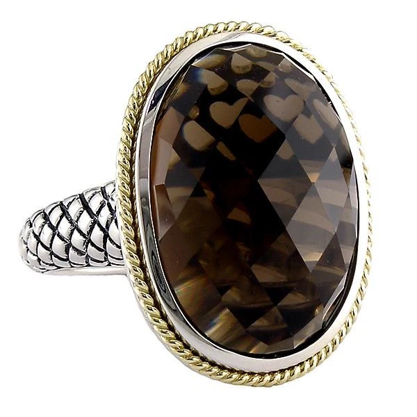 Andrea Candela 18k Oro & Argento Sterling Quarzo Fumè Ovale Halo Anello - Immagine 1 di 1