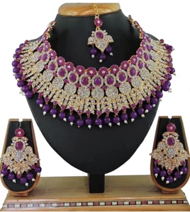 Bollwyood Indian Jewellery Pakistani Wedding Bridal CZ  Necklace Set 4Pcs Purple - Picture 1 of 2