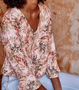 J. Jill Love Linen Tropical Top Womens Medium V- Neck Bell Cuffs Casual Blouse - Picture 1 of 11