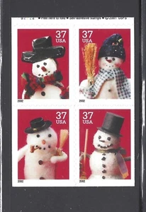 US Scott # 3684 - 3687 / Christmas Snowmen 2002 block of 4 from 3687b DS Pane - Picture 1 of 1