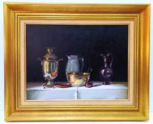 HUNGARIAN GYORGY TAKACS SIGNED ORIG O/C CLASSICAL STILL LIFE EWERS URNS PITCHERS - Picture 1 of 8