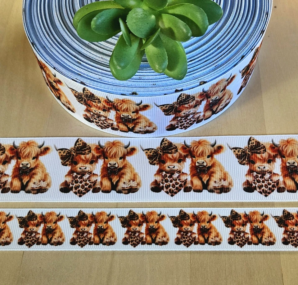 7/8 & 1.5" (1 YD) Highland Cow Grosgrain Ribbon Rustic Cattle Ribbon - Image 1 of 1