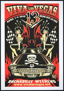 Póster Original Viva Las Vegas VLV 13 2010 Pantalla Seda Rockabilly Devilgirl Calavera - Imagen 1 de 1