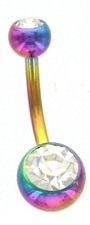 Belly Button Ring 316L Surgical Steel Rainbow Double Gem Navel