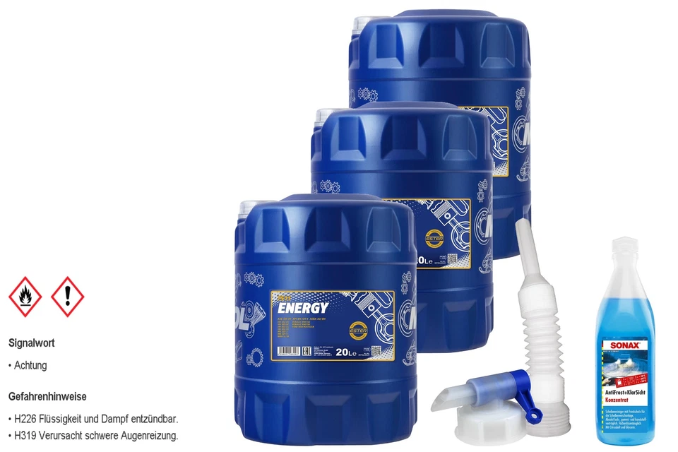 SCT - MANNOL, SONAX 60L MANNOL Motoröl Energy 5W-30 API SL/CF Öl inkl. Auslaufhahn Schlauch Reiniger