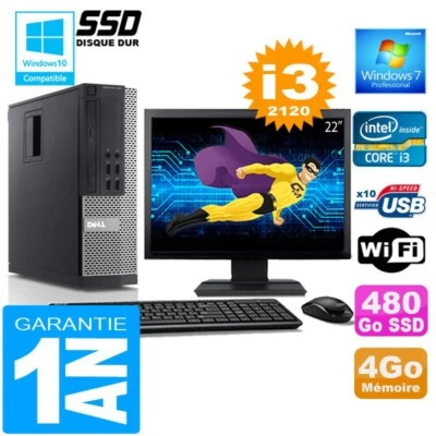 PC DELL 990 SFF Core I3-2120 RAM 4Go Disco 480 Go SSD Wifi W7 Pantalla 22" - Imagen 1 de 4