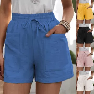 Womens Ladies Cotton Linen Elastic Waist Shorts Summer Beach Hot Pants Plus Size - Picture 1 of 18