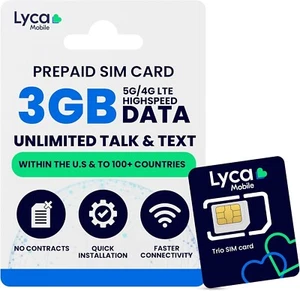 Lycamobile Prepaid SIM Card 3GB 4G/5G Unlimited Data-Talk, Text to 100 Countries - Picture 1 of 7