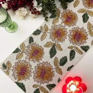Floral spring table runner, handmade beaded, 13x36inch, multicolour - Picture 1 of 8
