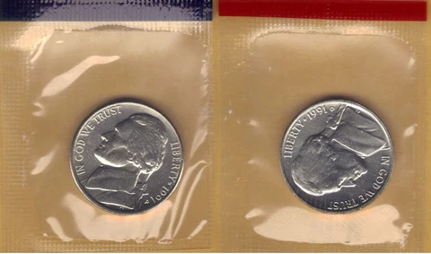 1991-P&D UNCIRCULATED BU JEFFERSON NICKELS IN MINT SET CELLO (2 coins) Cover