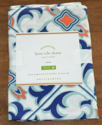 Pottery Barn Lyon Tile Euro Pillow Sham НОВАЯ Органическая Средиземноморская Синяя Белая - Изображение 1 из 4
