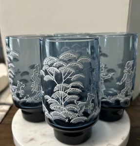 Vintage Libbey Smoke Blue "Mary Gregory" Style Glasses Set Of 4 Boy, Girl, Dog - Picture 1 of 7