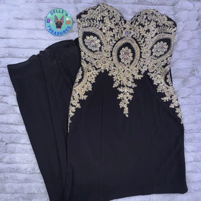 Vestido de graduación Camille La Vie talla 2 negro dorado con cuentas cuello corazón sirena Foto 1 de 4