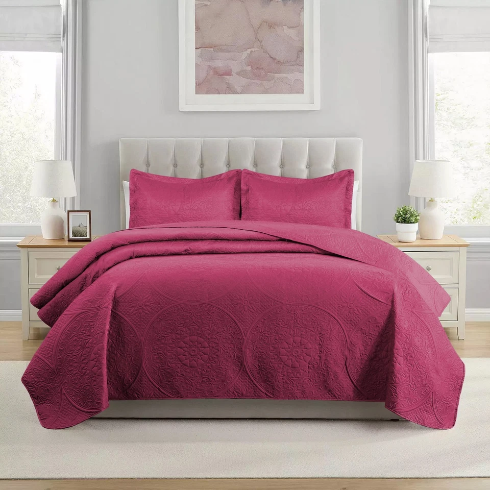 3 Piece Embossed Quilted Bedspread Queen King Size Bedding Coverlet Bed Throw - Image 1 of 1