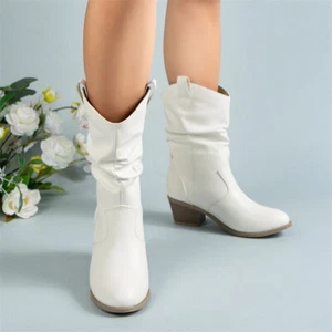 Vintage Western Cowboy Boots For Women Square Heels PU Leather Mid-Calf Shoes Au - Picture 1 of 8