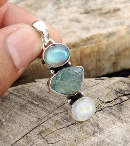 Labradorite Aquamarine & Moonstone Pendant 925 Sterling Silver Gift item MO574 - Picture 1 of 7
