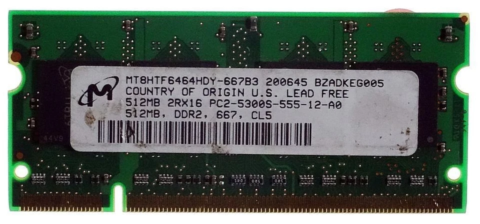 Micron MT8HTF6464HDY-667B3 (512MB DDR2 PC2-5300S 667MHz SO DIMM 200-pin) Memory - Immagine 1 di 1