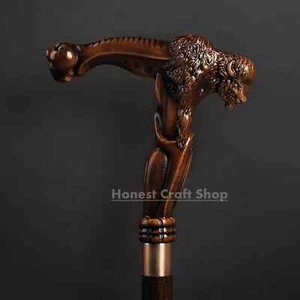 CHRISTMAS GIFT HAND CARVED WOODEN WALKING STICK BUFFALO HANDLE WALKING CANE - Picture 1 of 4