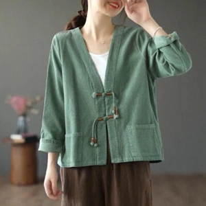 Cappotto donna kimono giacca outwear top velluto a coste scollo a V sciolto casual etnico ampio - Foto 1 di 15