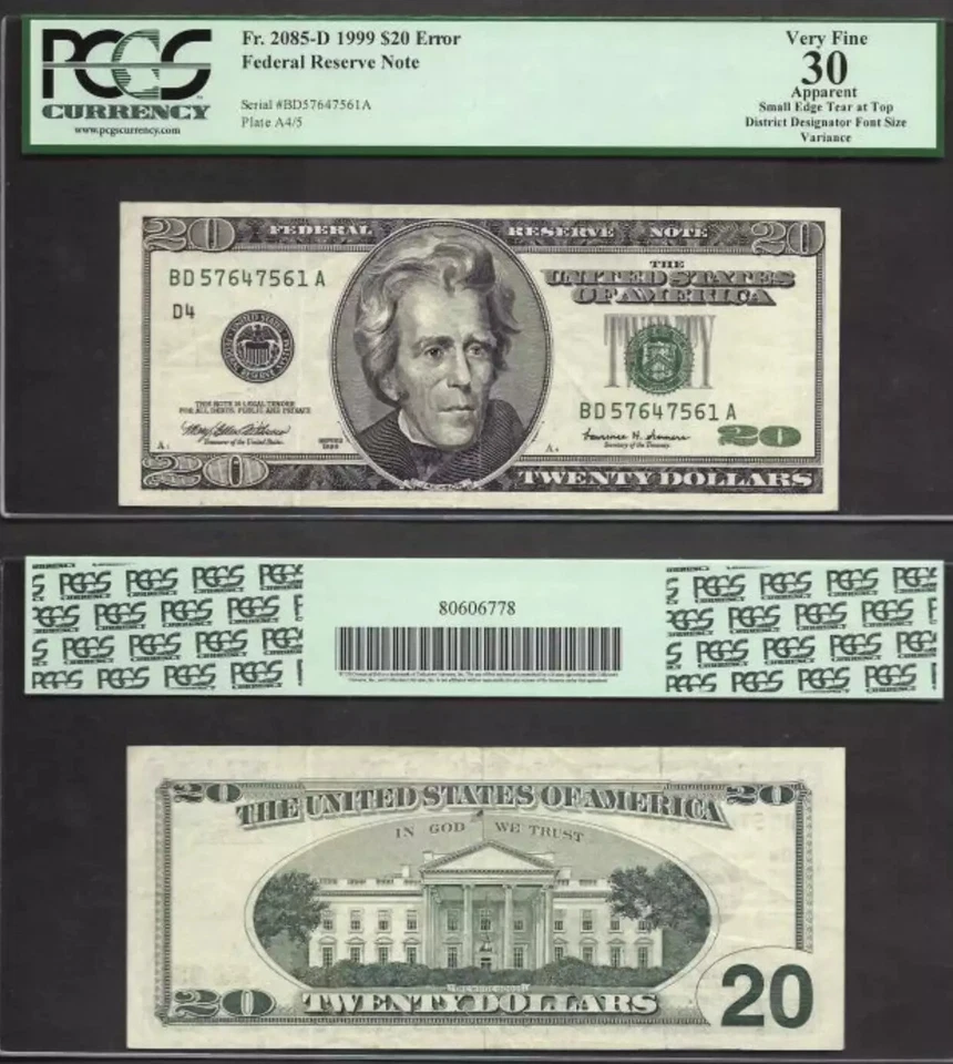 $20 1999 FRN Cleveland Engraving Error District Designator Font PCGS VF 30 - Image 1 of 1