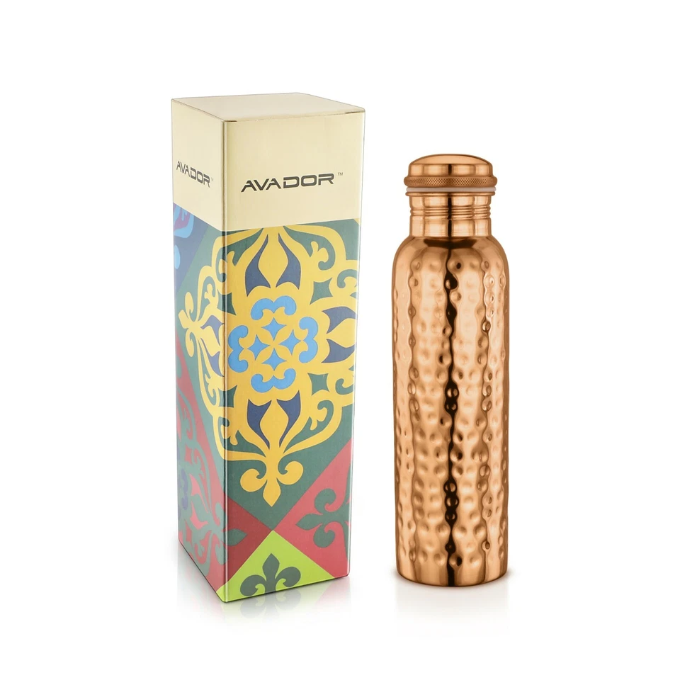 AVADOR Handcrafted 100% Pure Copper Water Bottle Vessel Hammered Finish 30 Oz.