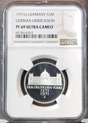 1971 GERMANY SILVER 5 MARK GERMAN UNIFICATION NGC PF 69 ULTRA CAMEO TOP POP 1 - Image 1 of 3