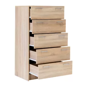 Tallboy Dresser 5 Chest of Drawers Bedside Table Cabinet Bedroom Storage Oak - Picture 1 of 6