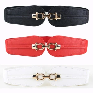Lady Women Stylish Gold Double Buckle Belt Leather Stretchy Dress Waist Band HOT - Picture 1 of 8