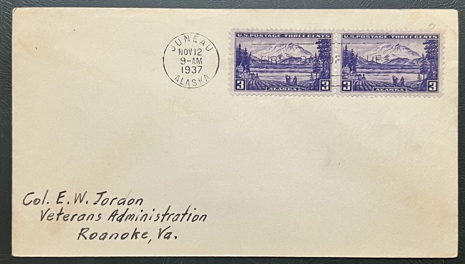 1937 JUNEAU ALASKA FIRST DAY COVER FDC 3C STAMPS PAIR - Image 1 of 3