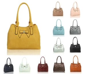 Womens Bow Larger Faux Leather Fashion Tote Shopper Handbag Hobo Shoulder Bag - Picture 1 of 21