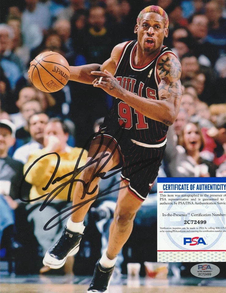 DENNIS RODMAN CHICAGO BULLS NBA CHAMPS  PSA AUTHENTICATED ACTION SIGNED 8x10 - Image 1 of 1