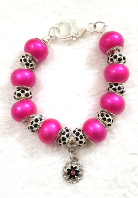 PULSERA ESPACIADORES 7.9" FLOR ROSA MURANO CUENTAS DE VIDRIO Y ESTRÁS NEGRO EE. UU. Foto 1 de 4