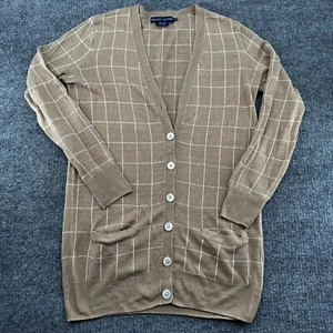 Ralph Lauren Cardigan Womens Medium Linen Plaid Tan White Mother Pearl - Picture 1 of 14