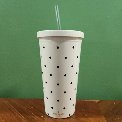 Kate Spade New York White Travel Tumbler Cup with Strawer Black Polka Dots - Image 1 of 4