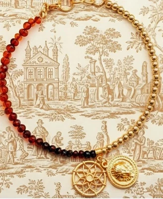 Colar gargantilha de contas de âmbar e bolas de ouro naturais do Báltico com pingente de leão e sol - Imagem 1 de 4