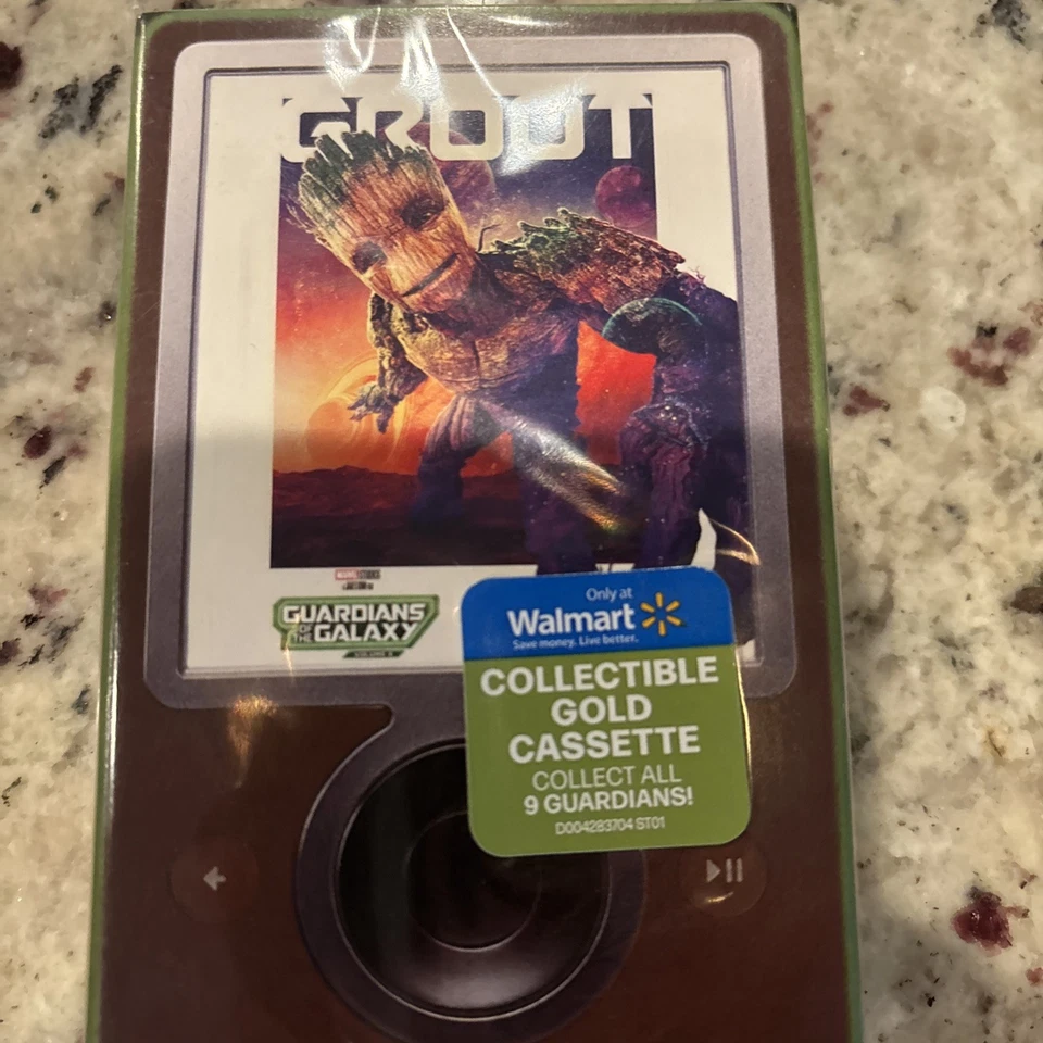 Guardians Of The Galaxy OOP Awesome Mix Vol 3 Groot Walmart Gold Cassette NEW - Image 1 of 2