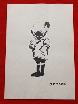 Banksy painting and drawing on old paper signed stamped vintage - image 1 of 4