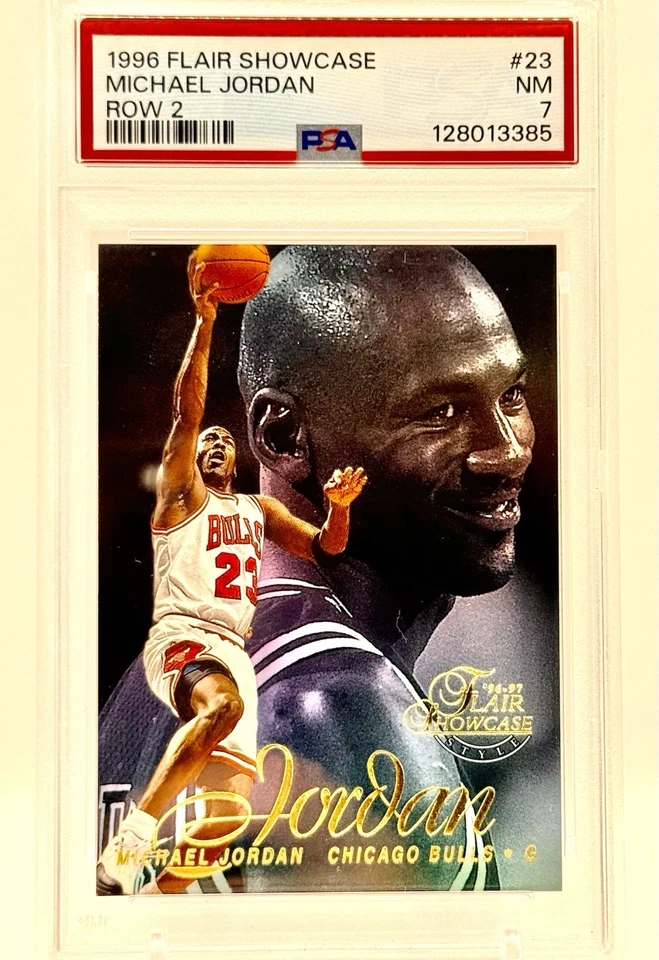 Escaparate Flair 1996-97 Michael Jordan #23 fila 2 PSA 7 Chicago Bulls Salón de la fama 🔥 Foto 1 de 2