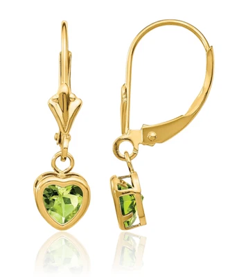 14K Solid Yellow Gold 5mm Heart Peridot Dangle Earrings - Image 1 of 4
