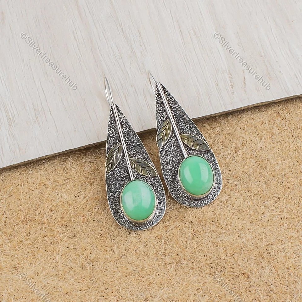 Pendientes colgantes ovalados de plata 925 con piedras preciosas de crisoprasa cumpleaños esposa joyería Foto 1 de 4