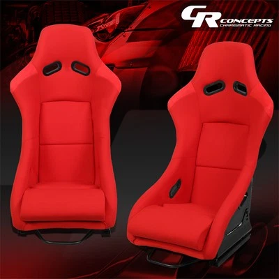 PAIR RED UNIVERSAL WOVEN FABRIC FIBERGLASS FIXED POSITION RACING BUCKET SEATS - Image 1 of 4