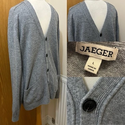JAEGER Grey LAMBSWOOL V Neck Cardigan Jumper UK 44” POCKETS Cosy LAYERING - Image 1 of 4