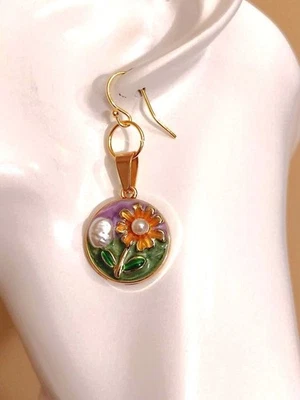 Enamel Oil Painting Earrings in Green Colors on 925 Sterling Silver Fishhooks - Image 1 of 4