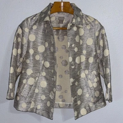 Chico’s Shine Jacquard Jacket Metallic Polka Dot Navy Cream Blazer Size 0 (4/6) - Image 1 of 4