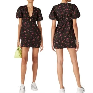 Pam & Gela Neon Pink Ditzy Floral Puff Sleeve Cut-Out V-Neck Mini Dress - Picture 1 of 7
